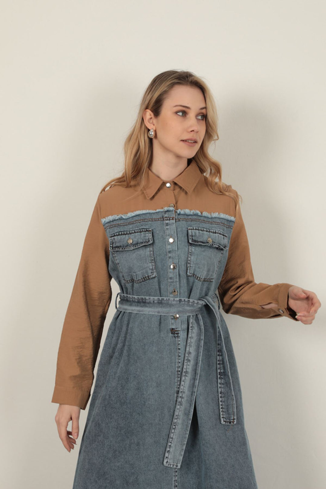 KKT Denim Fabric Garnish Dress-Brown - Botoşani