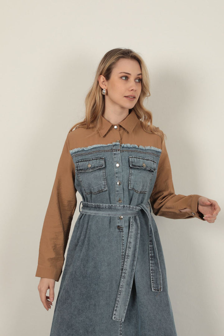 KKT Denim Fabric Garnish Dress-Brown - Botoşani