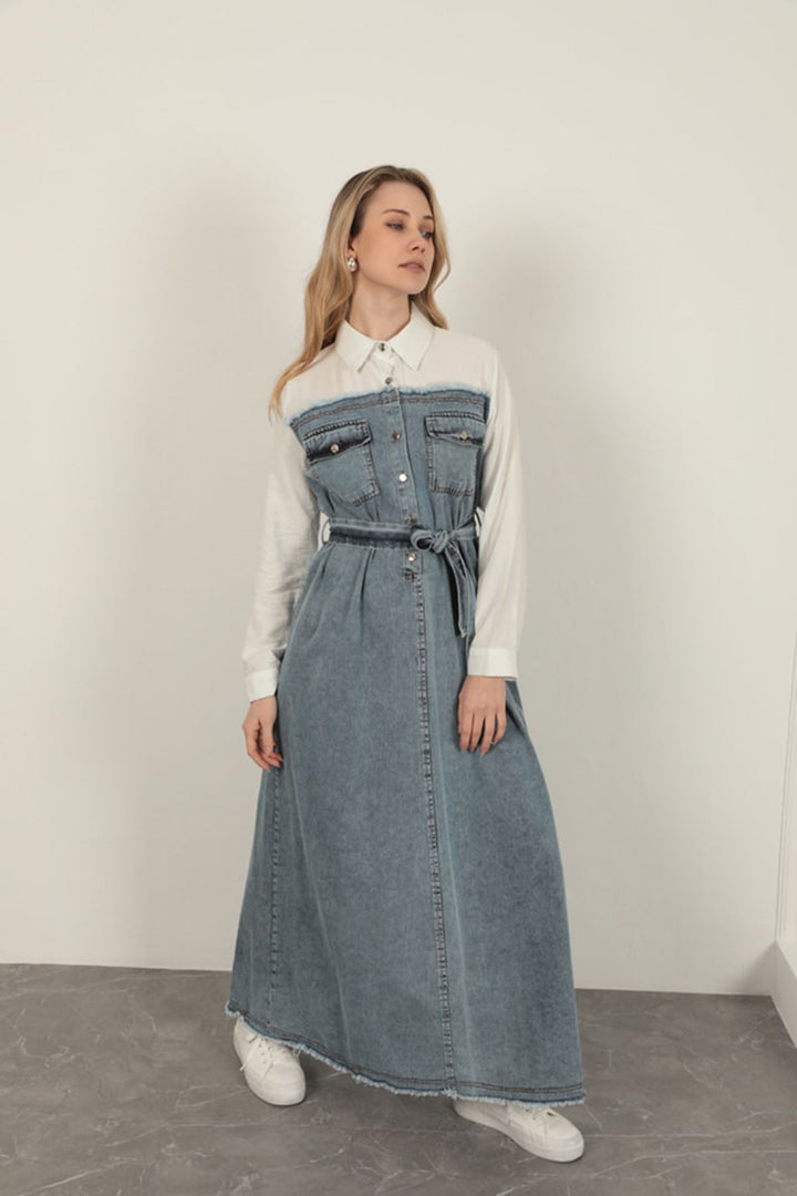 KKT Denim Fabric Garnish Dress-Ecru - Anzio