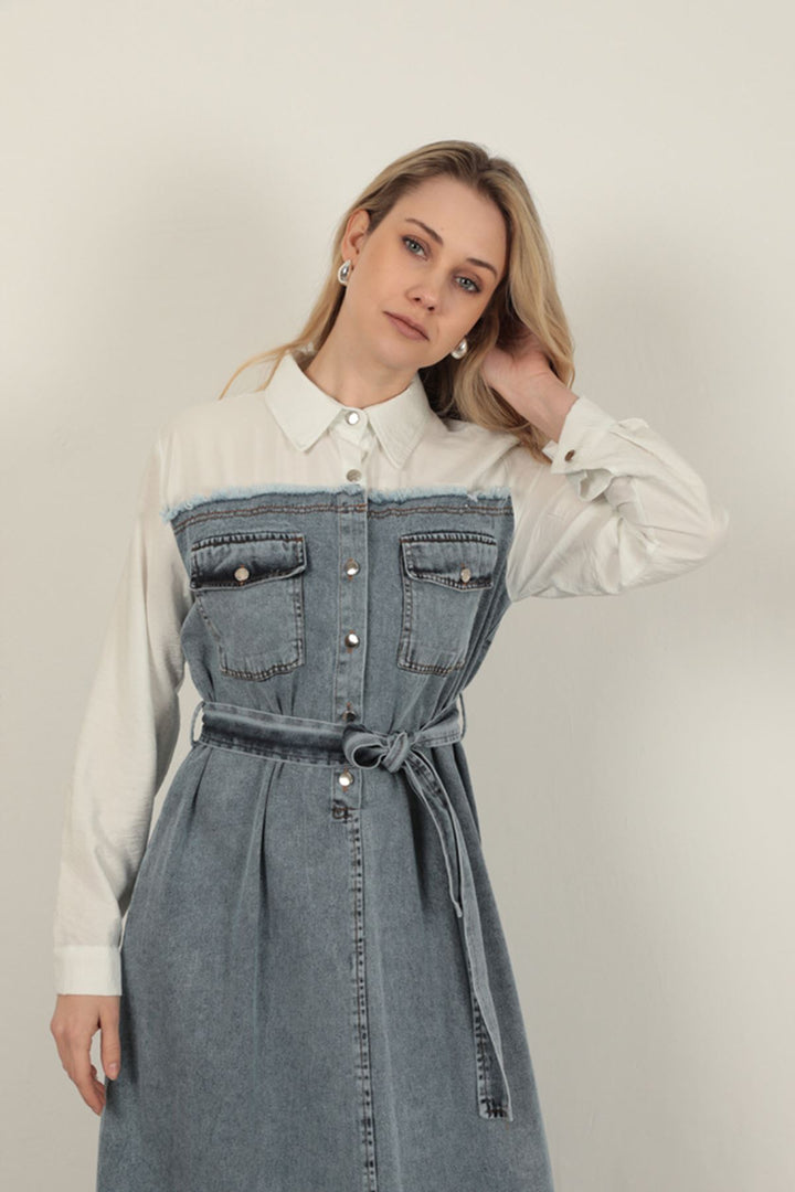 KKT Denim Fabric Garnish Dress-Ecru - Anzio