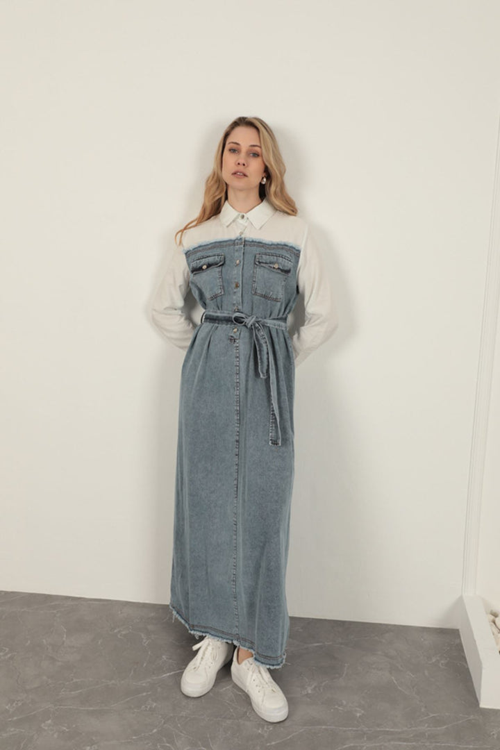 KKT Denim Fabric Garnish Dress-Ecru - Anzio