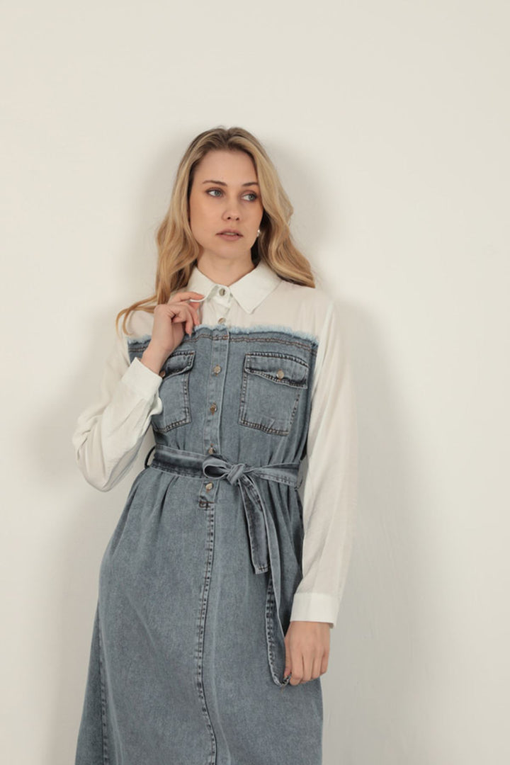 KKT Denim Fabric Garnish Dress-Ecru - Anzio