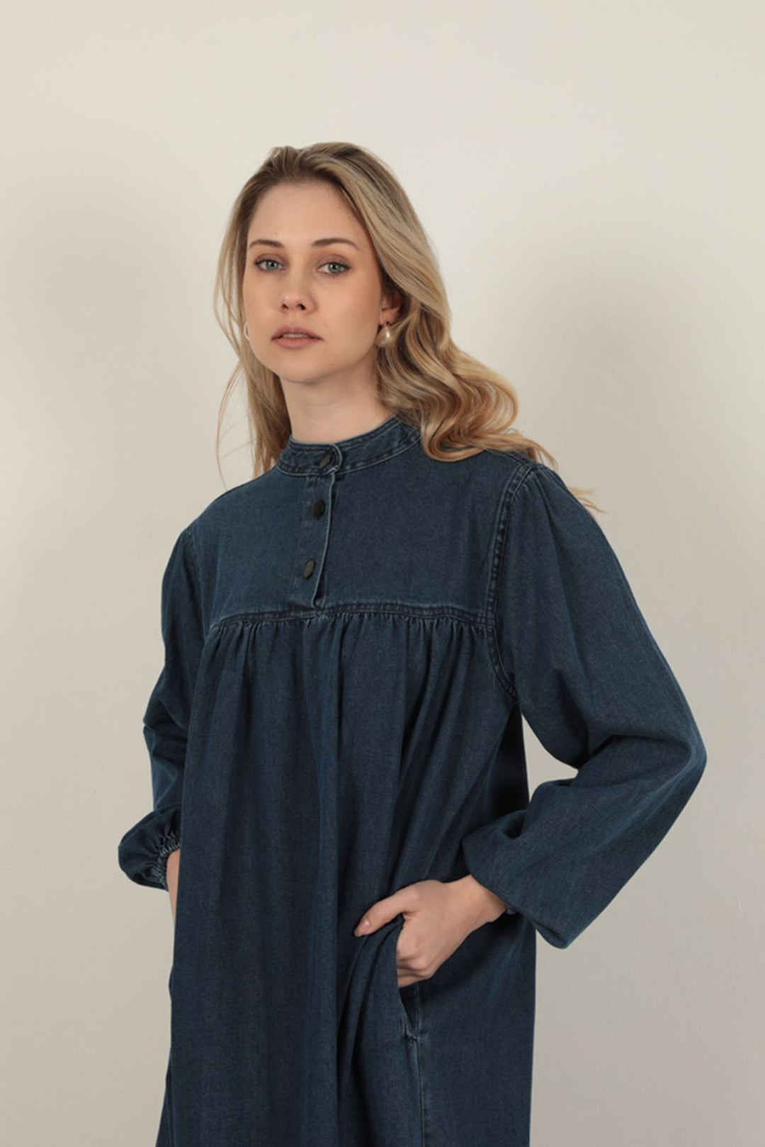 KKT Denim Fabric Women's Dress-Navy Blue - New Haven