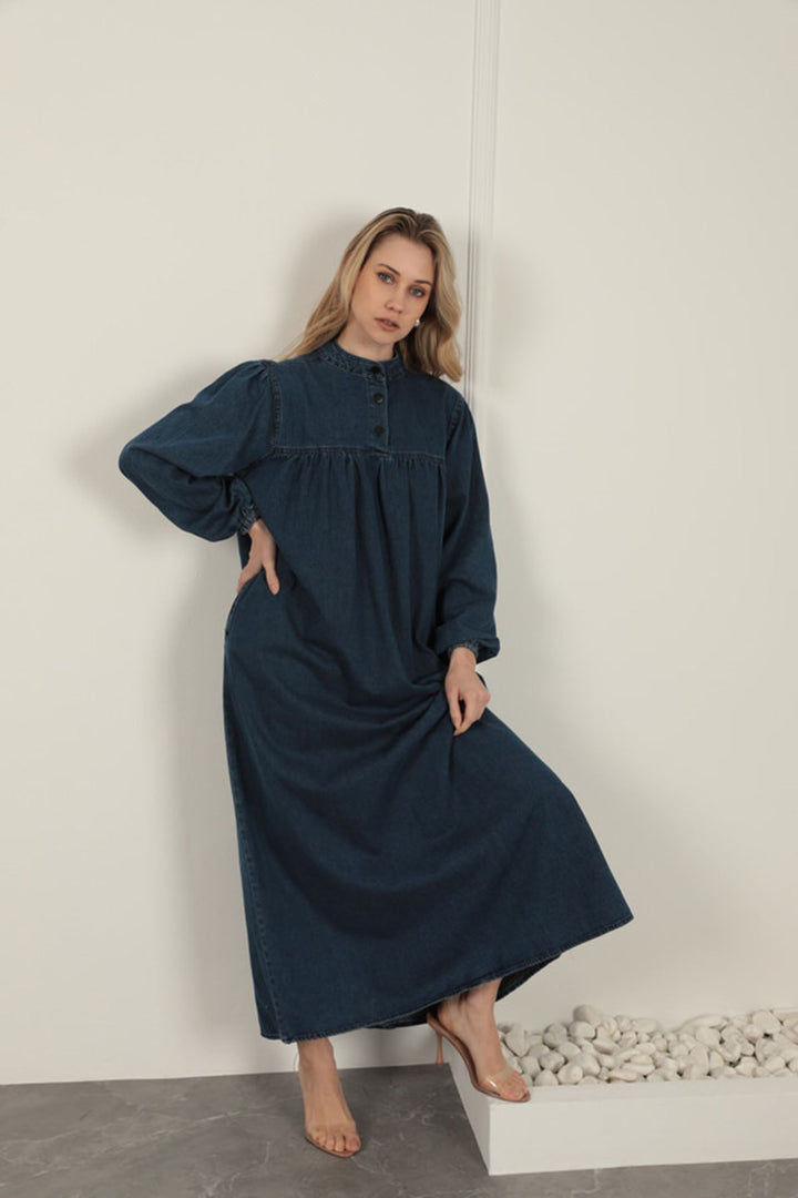 KKT Denim Fabric Women's Dress-Navy Blue - New Haven