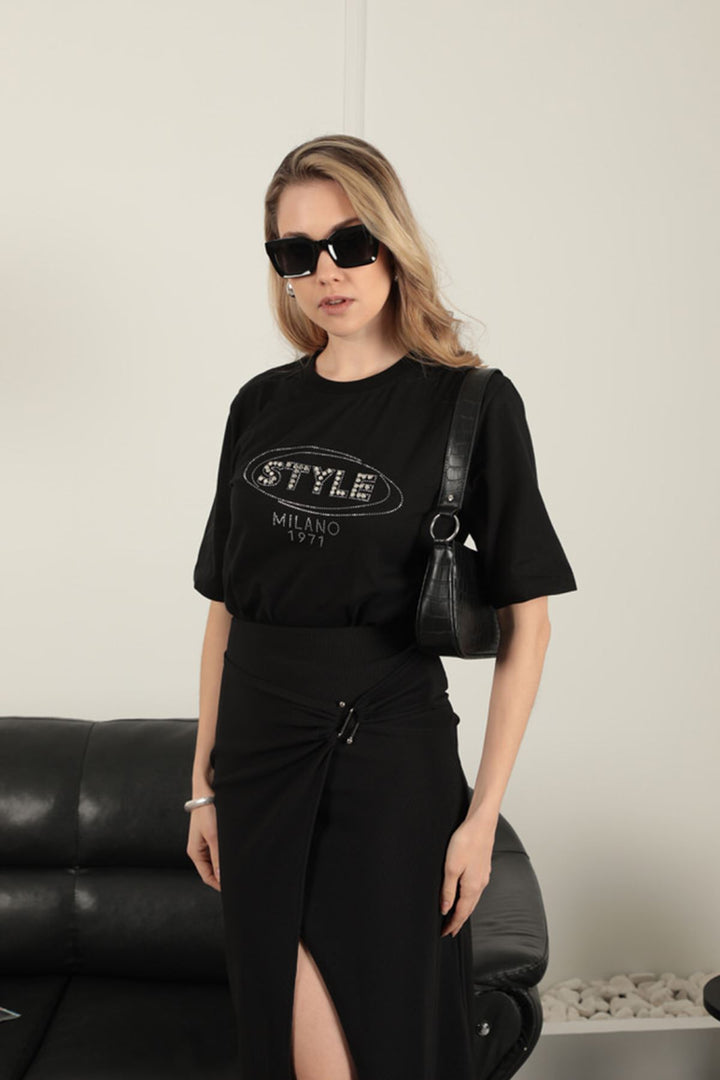 KKT Stone Detailed Women's T-Shirt-Black - Stanton