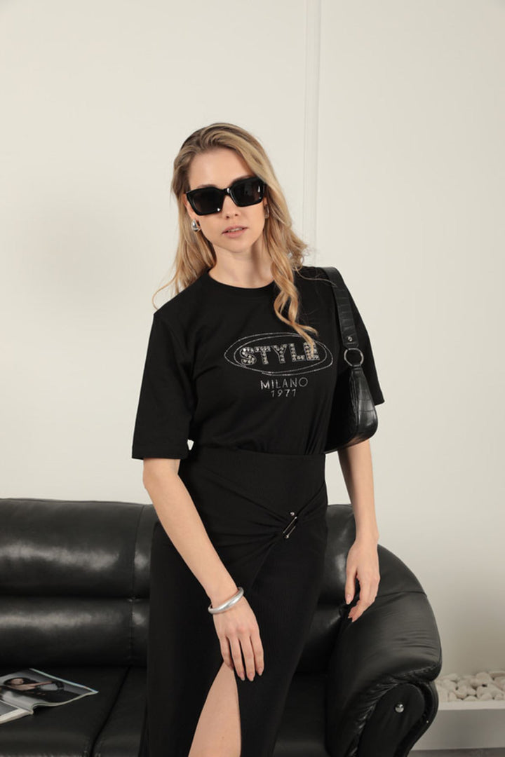 KKT Stone Detailed Women's T-Shirt-Black - Stanton