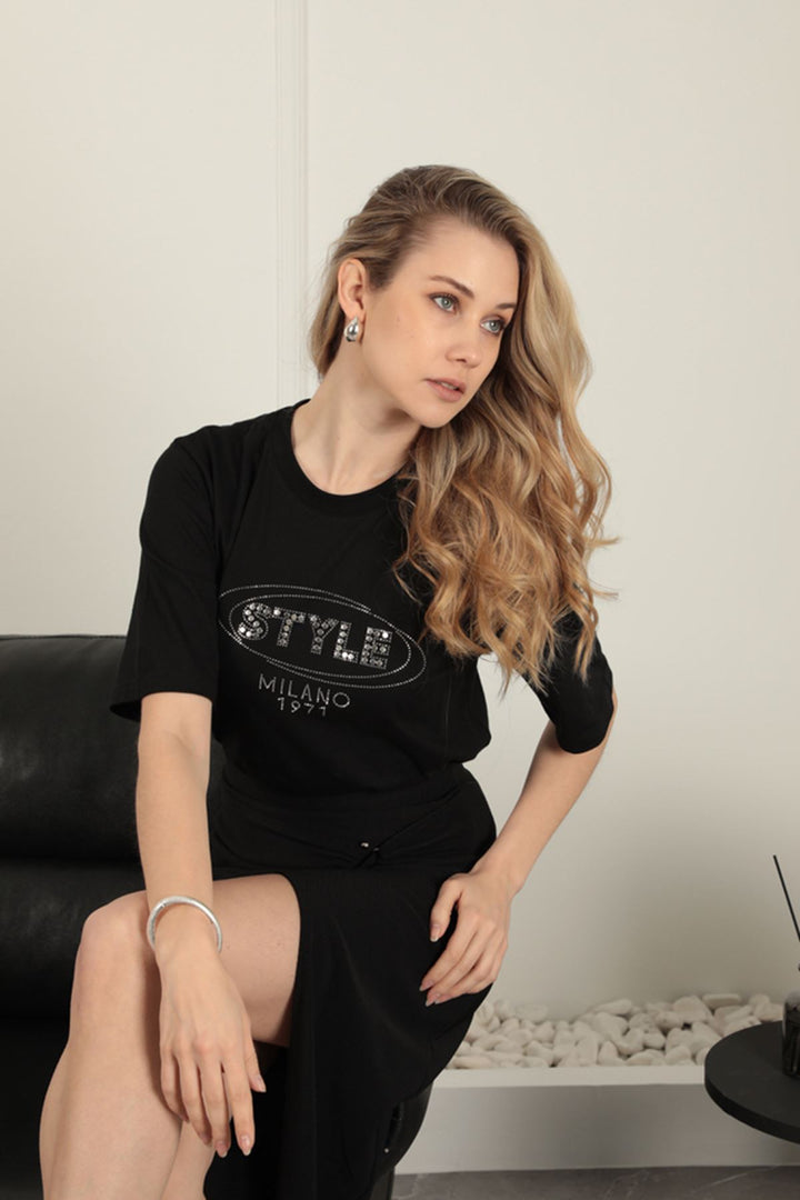 KKT Stone Detailed Women's T-Shirt-Black - Stanton
