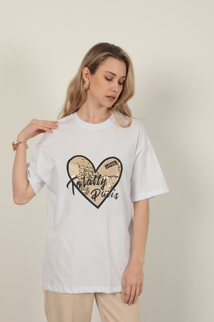 KKT Sequin Detailed Women's T-Shirt-White - Lancaster