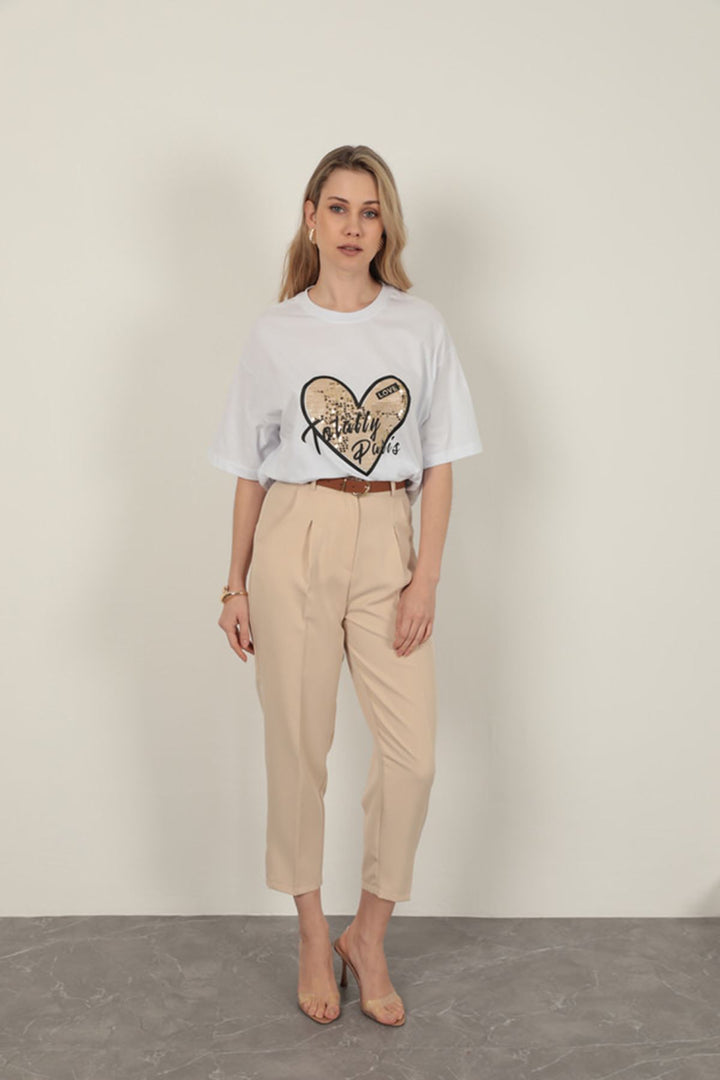 KKT Sequin Detailed Women's T-Shirt-White - Lancaster