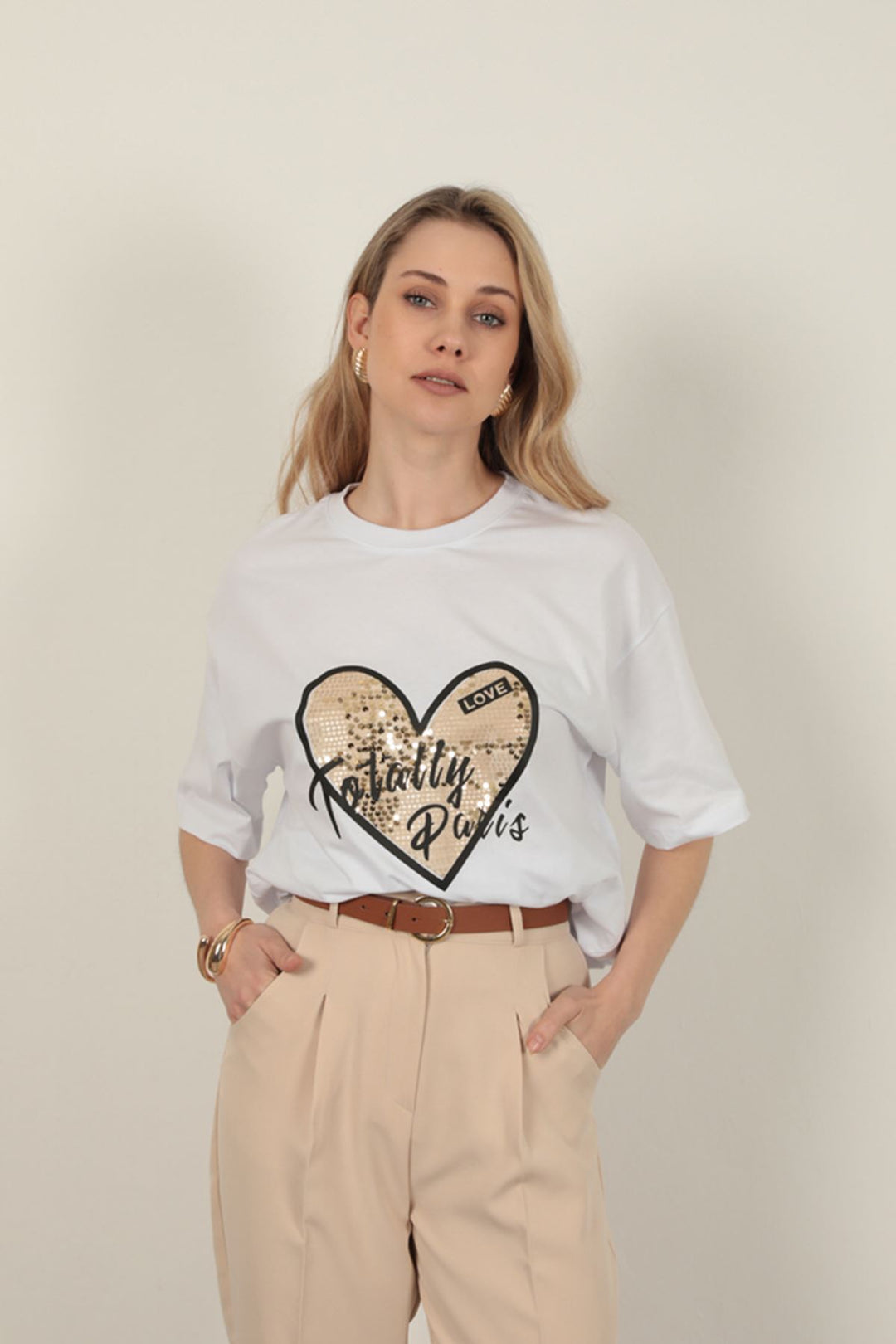 KKT Sequin Detailed Women's T-Shirt-White - Lancaster