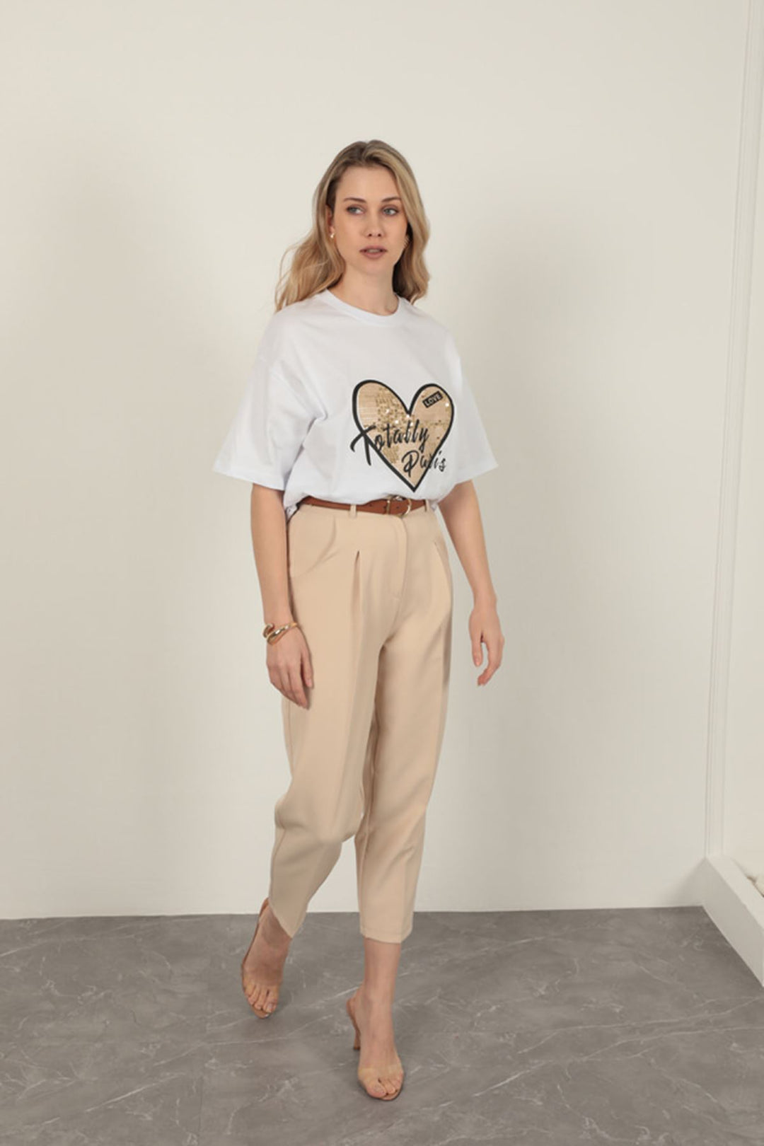 KKT Sequin Detailed Women's T-Shirt-White - Lancaster