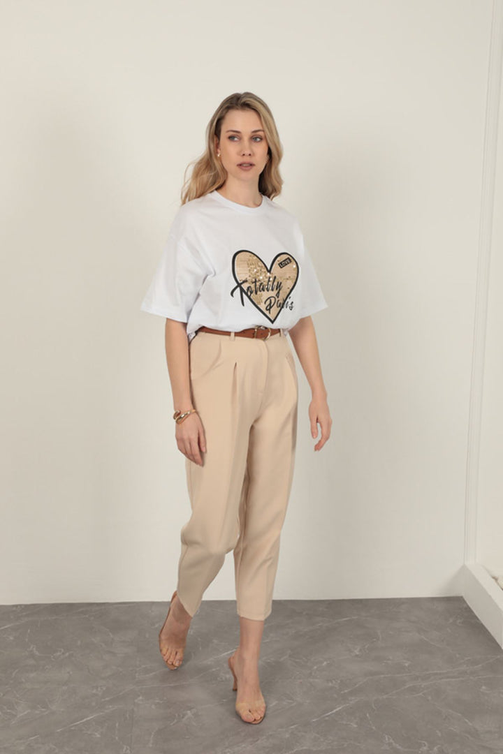 KKT Sequin Detailed Women's T-Shirt-White - Lancaster