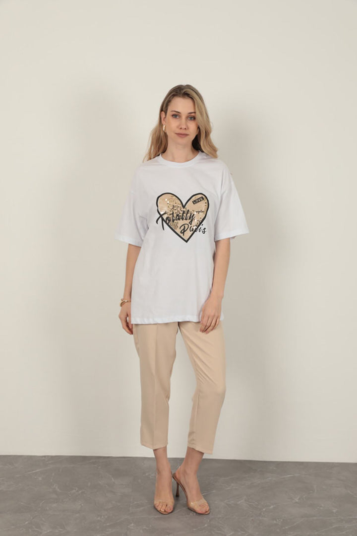 KKT Sequin Detailed Women's T-Shirt-White - Lancaster