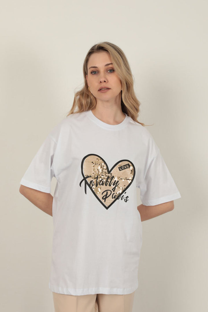 KKT Sequin Detailed Women's T-Shirt-White - Lancaster