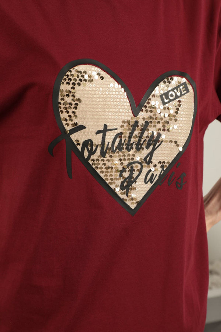 KKT Women's T-Shirt with Sequin Detail-Burgundy - Bolton