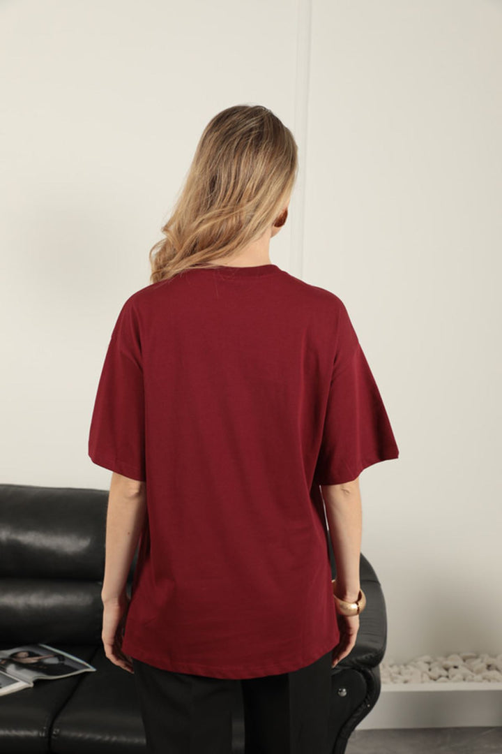 KKT Women's T-Shirt with Sequin Detail-Burgundy - Bolton