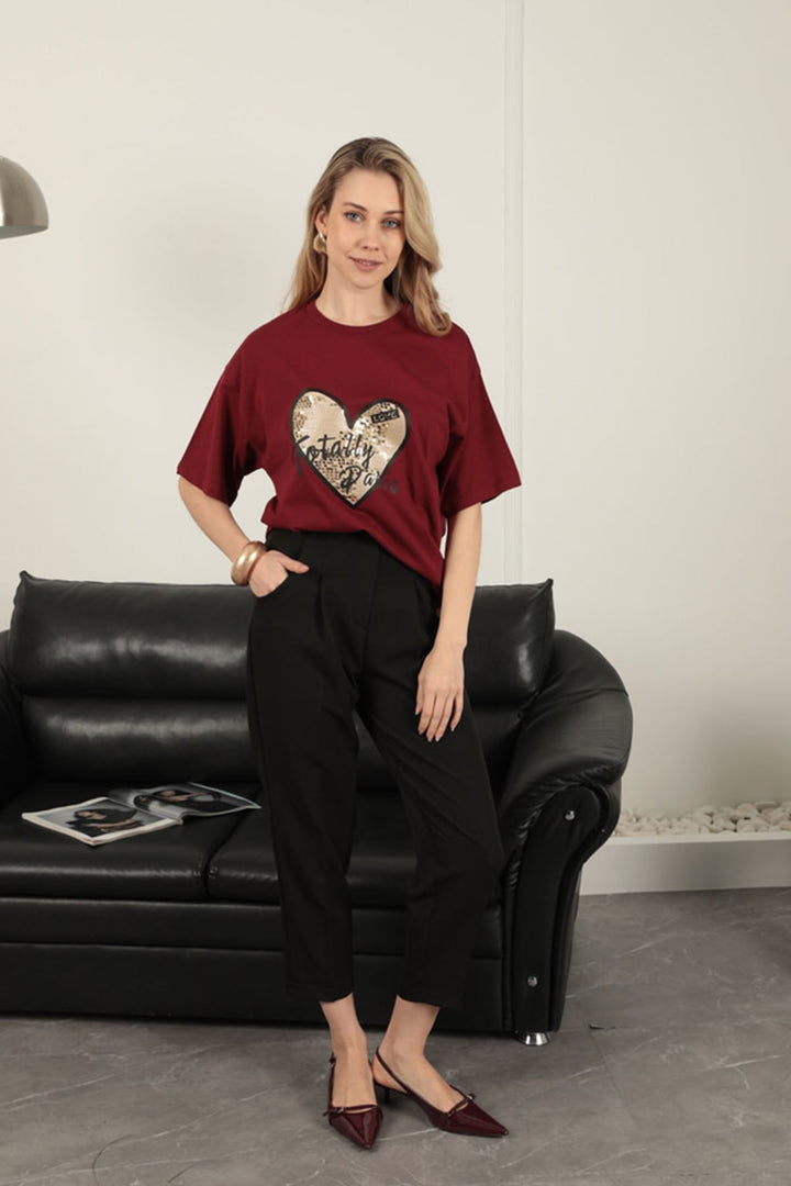 KKT Women's T-Shirt with Sequin Detail-Burgundy - Bolton