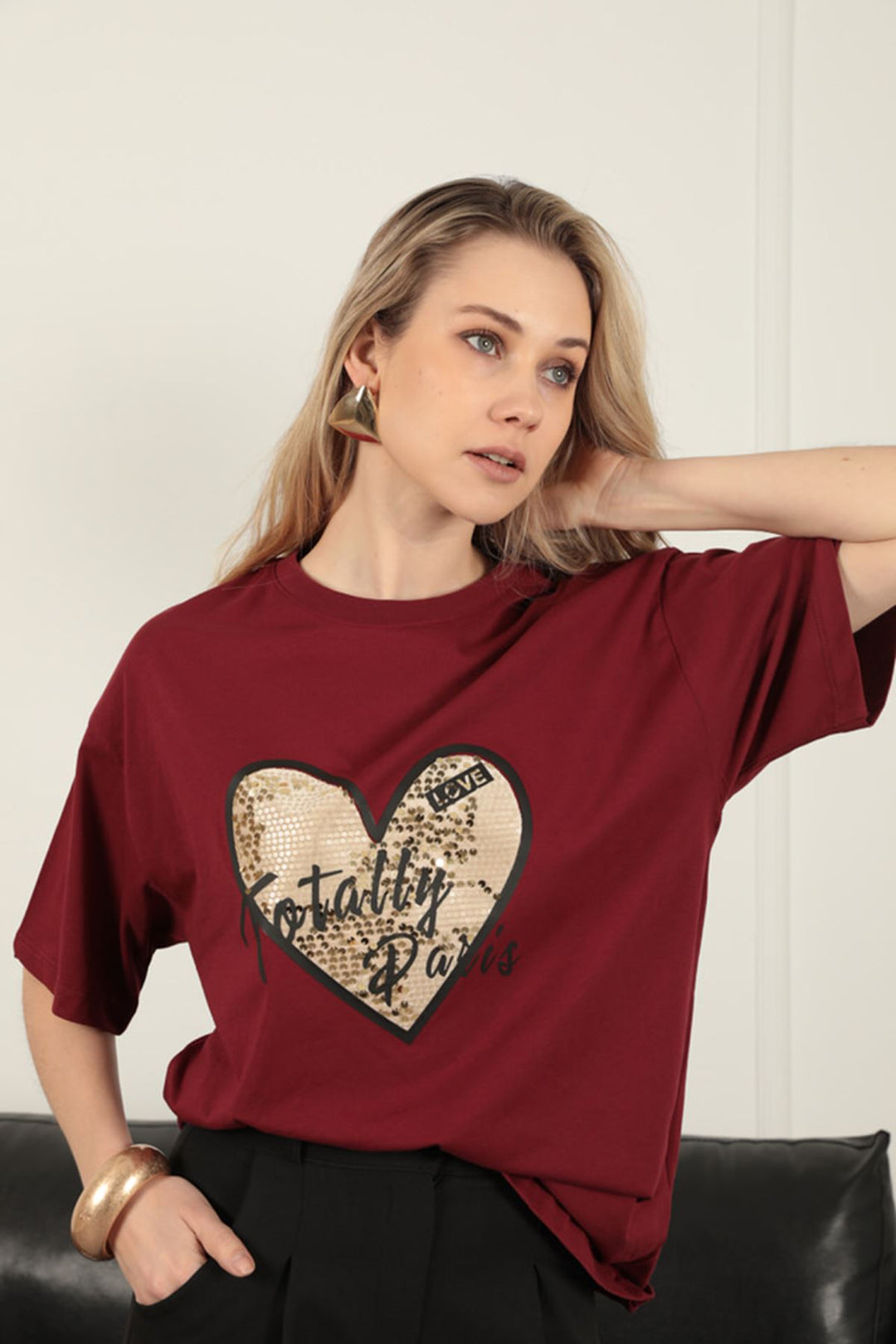 KKT Women's T-Shirt with Sequin Detail-Burgundy - Bolton