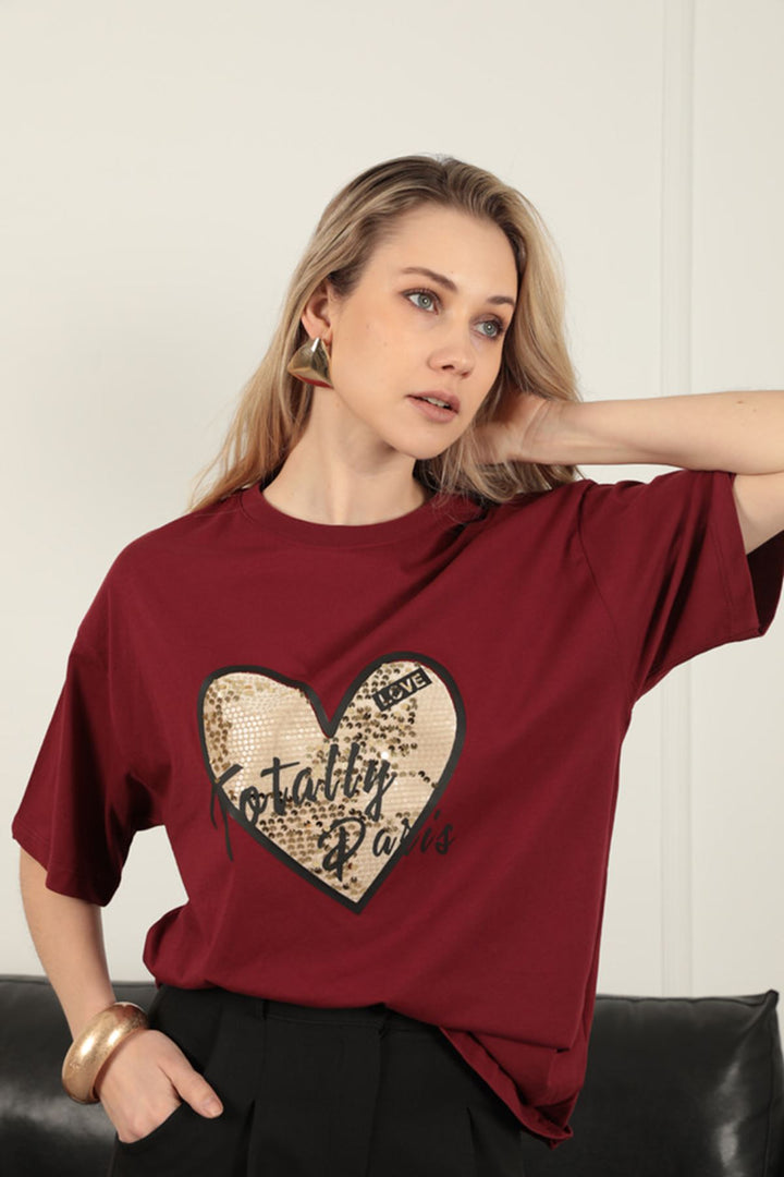 KKT Women's T-Shirt with Sequin Detail-Burgundy - Bolton