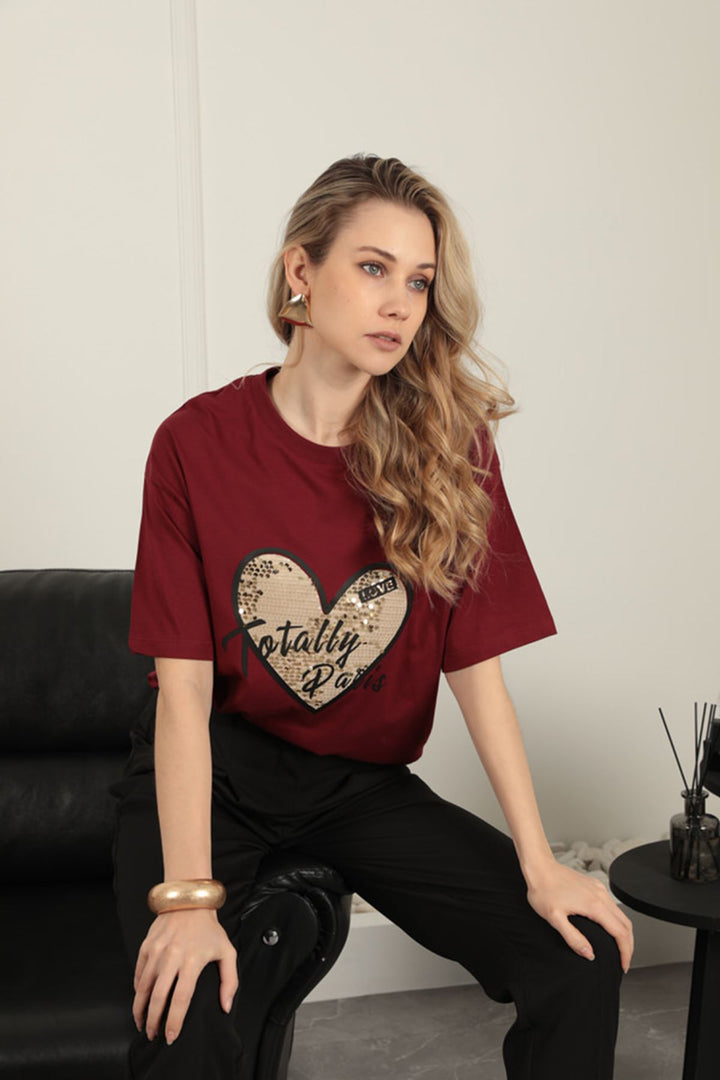 KKT Women's T-Shirt with Sequin Detail-Burgundy - Bolton