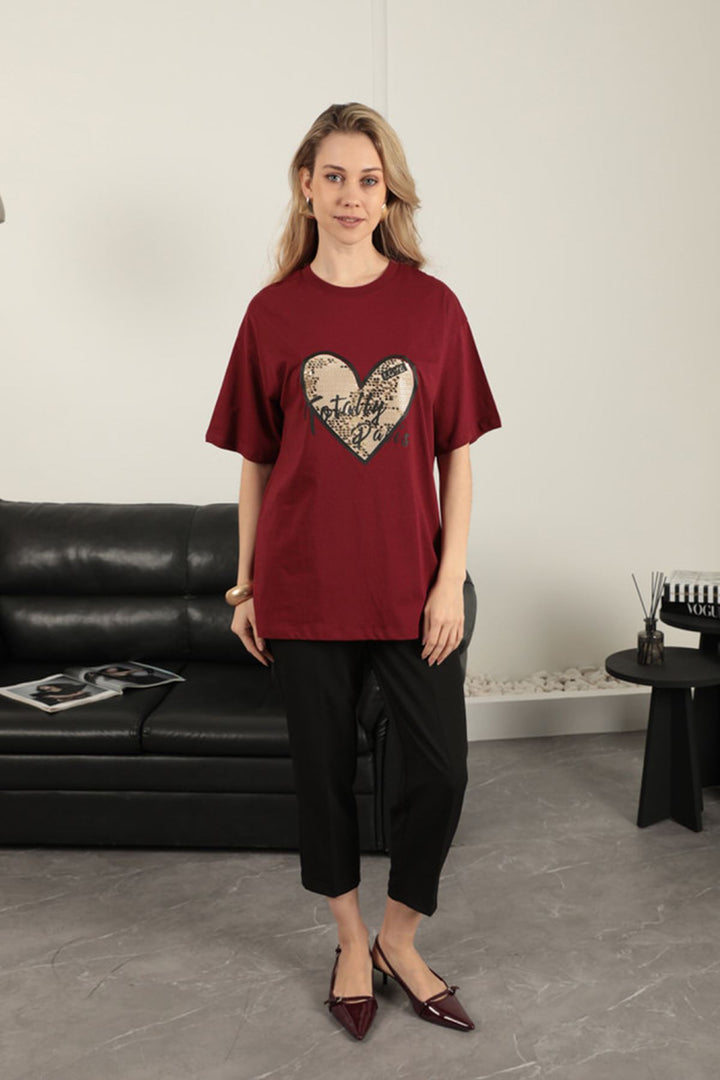 KKT Women's T-Shirt with Sequin Detail-Burgundy - Bolton