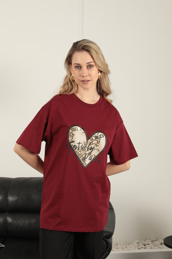 KKT Women's T-Shirt with Sequin Detail-Burgundy - Bolton