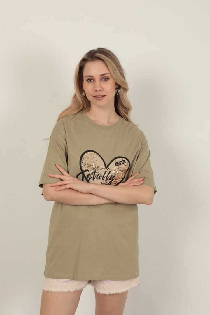 KKT Women's T-Shirt with Sequin Detail-Khaki - Bridgeport
