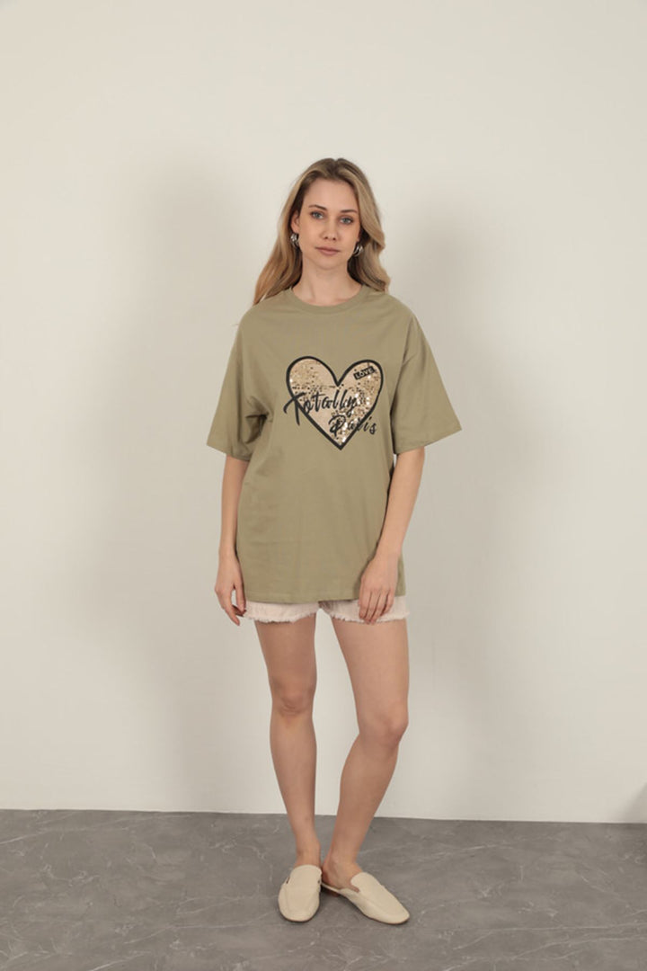 KKT Women's T-Shirt with Sequin Detail-Khaki - Bridgeport