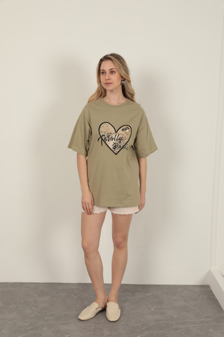 KKT Women's T-Shirt with Sequin Detail-Khaki - Bridgeport