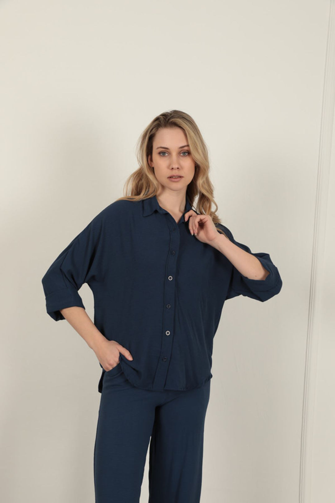 KKT Buttoned Women's Shirt-Navy Blue - Bergkamen
