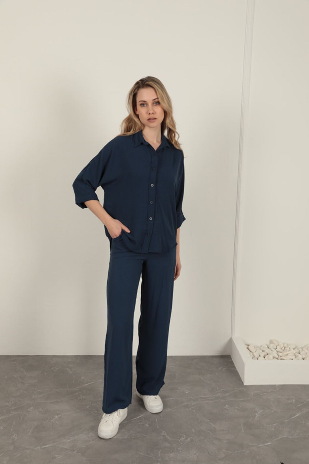 KKT Buttoned Women's Shirt-Navy Blue - Bergkamen