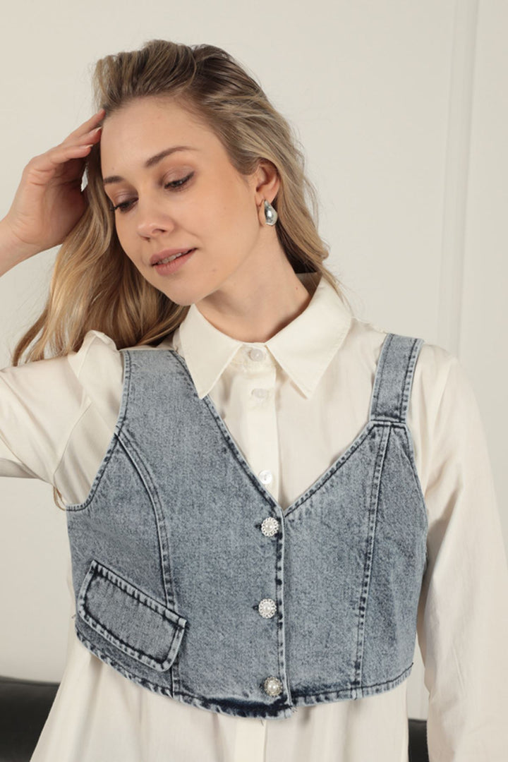 KKT Poplin Fabric Vest Detailed Ecru Women's Shirt - East Providence