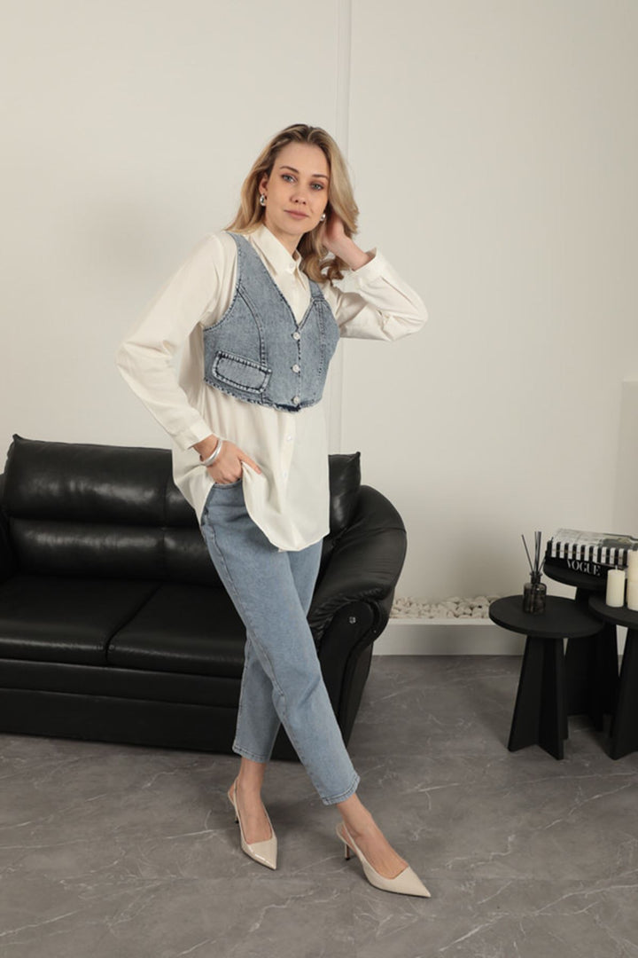 KKT Poplin Fabric Vest Detailed Ecru Women's Shirt - East Providence