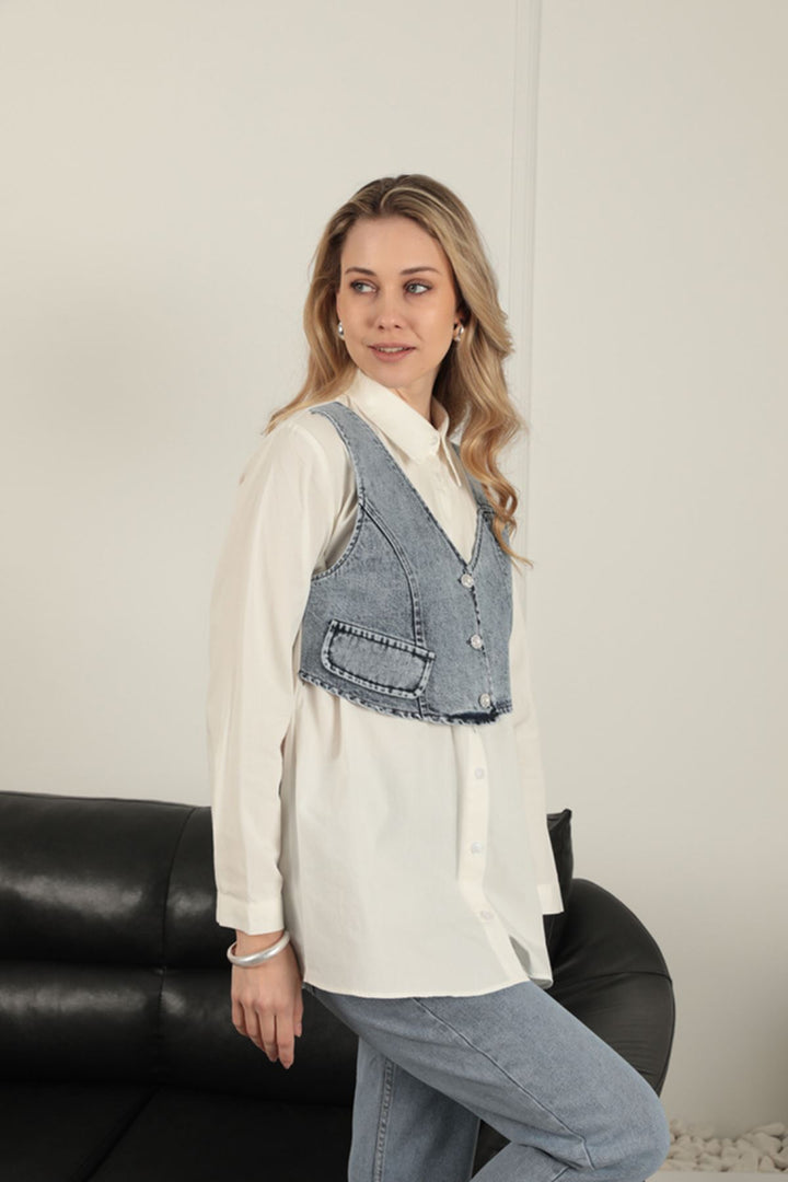 KKT Poplin Fabric Vest Detailed Ecru Women's Shirt - East Providence