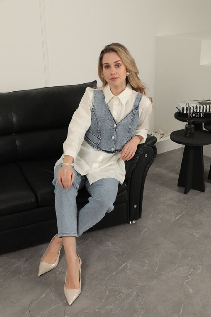 KKT Poplin Fabric Vest Detailed Ecru Women's Shirt - East Providence