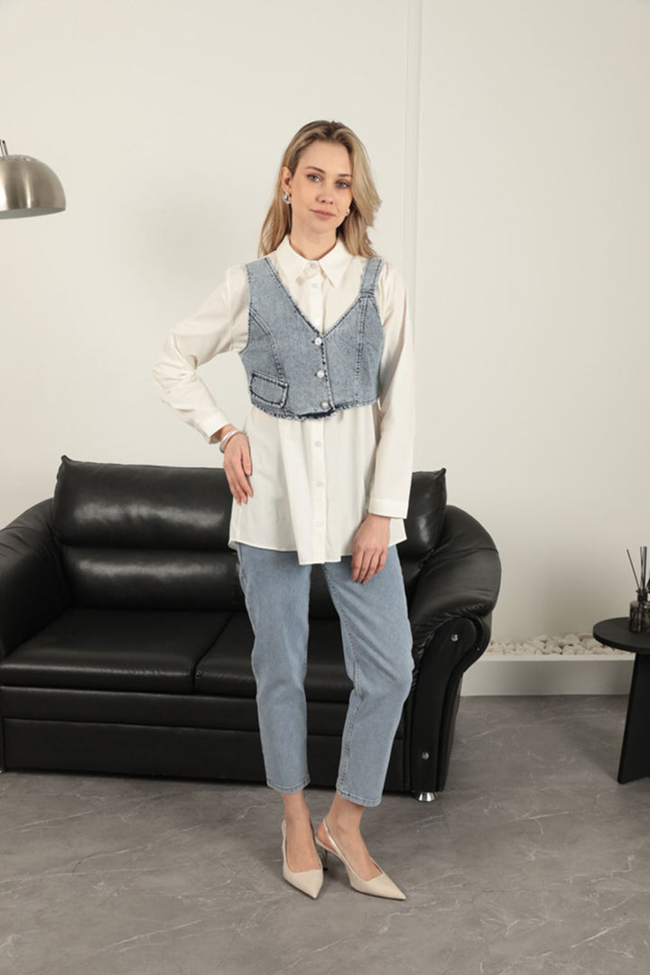 KKT Poplin Fabric Vest Detailed Ecru Women's Shirt - East Providence