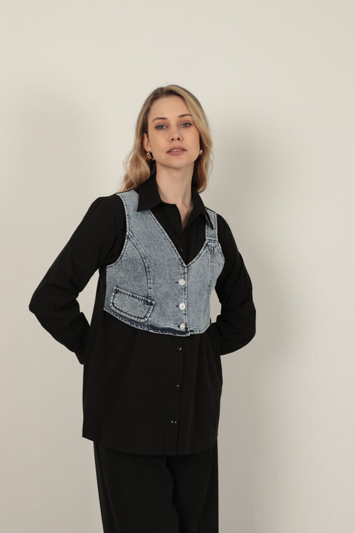 KKT Black Women's Shirt with Poplin Fabric Vest Detail - Brühl