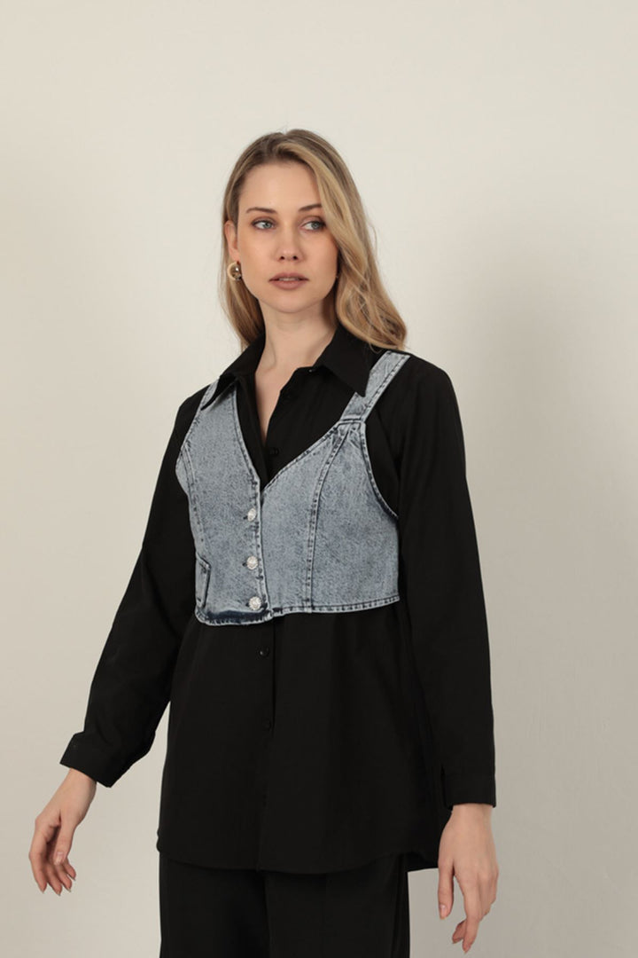 KKT Black Women's Shirt with Poplin Fabric Vest Detail - Brühl