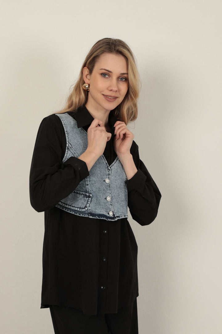 KKT Black Women's Shirt with Poplin Fabric Vest Detail - Brühl