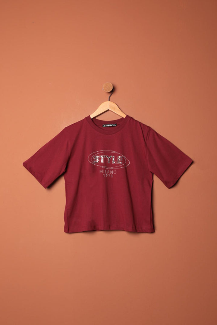 KKT Stone Detailed Women's T-Shirt-Burgundy - Harrisonburg