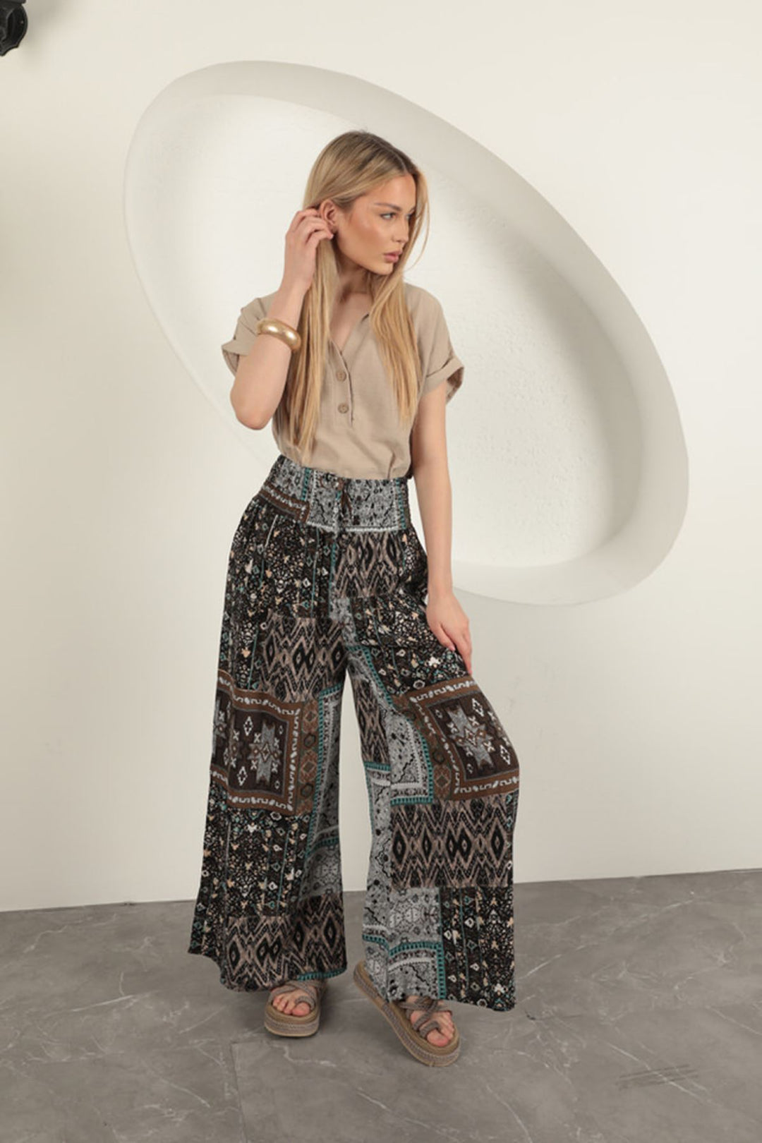 KKT Viscose Fabric Ethnic Patterned Loose Trousers-Ecru - Lodi
