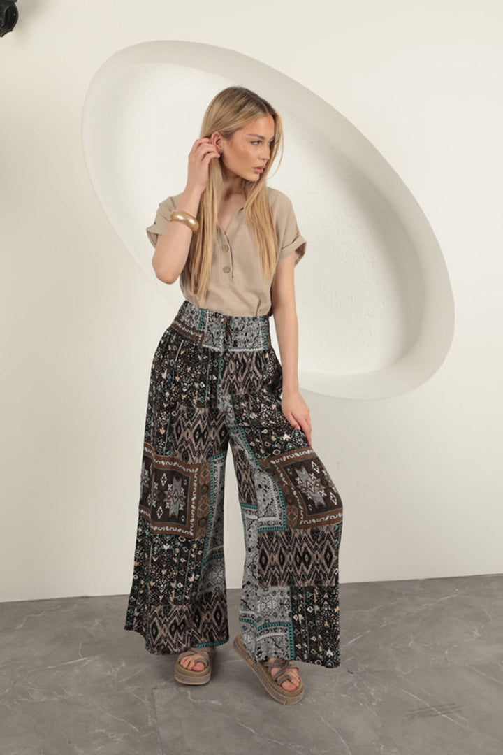 KKT Viscose Fabric Ethnic Patterned Loose Trousers-Ecru - Lodi
