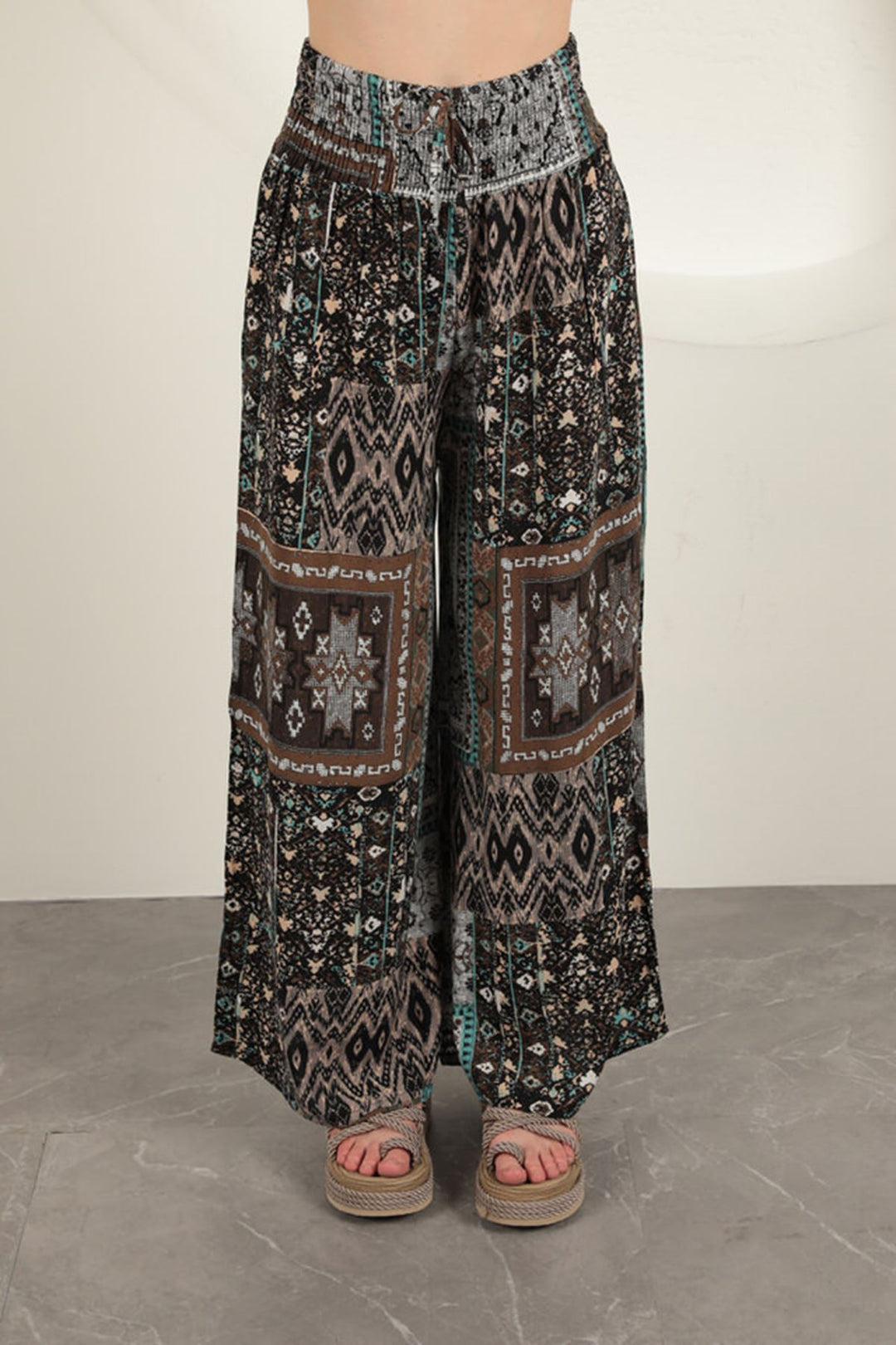 KKT Viscose Fabric Ethnic Patterned Loose Trousers-Ecru - Lodi
