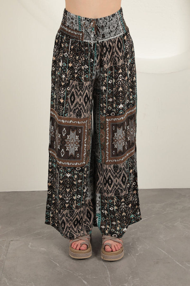KKT Viscose Fabric Ethnic Patterned Loose Trousers-Ecru - Lodi