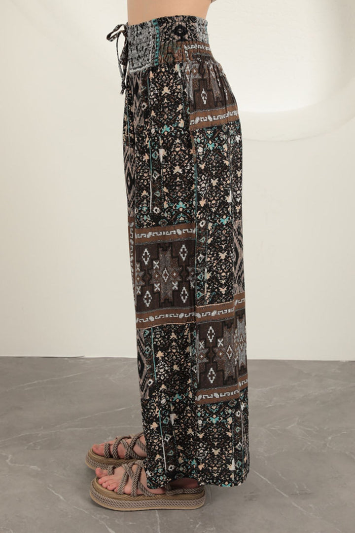 KKT Viscose Fabric Ethnic Patterned Loose Trousers-Ecru - Lodi