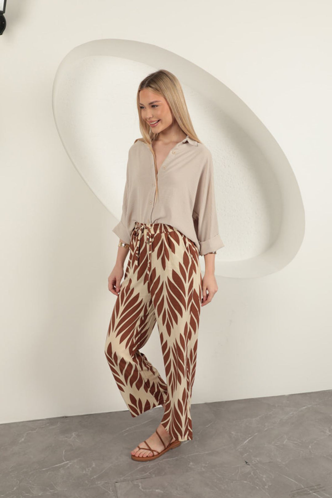 KKT Viscose Fabric Leaf Pattern Trousers-Coffee - Cleveland