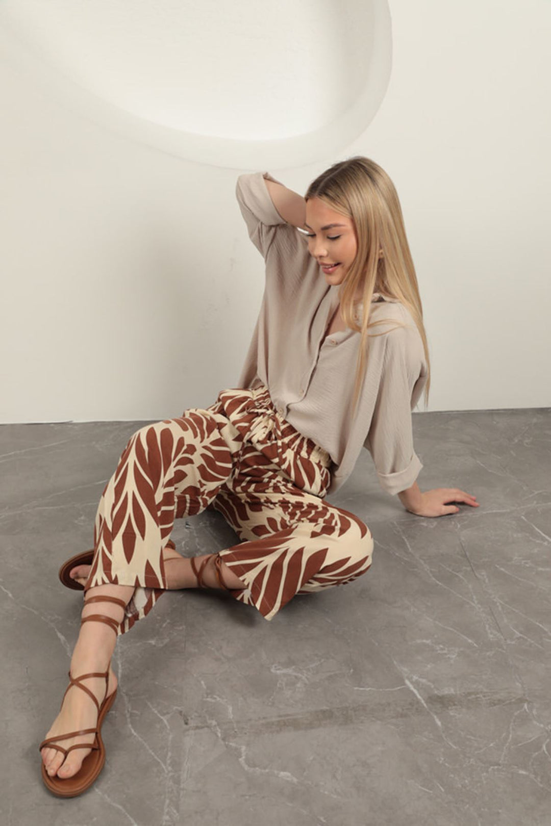 KKT Viscose Fabric Leaf Pattern Trousers-Coffee - Cleveland