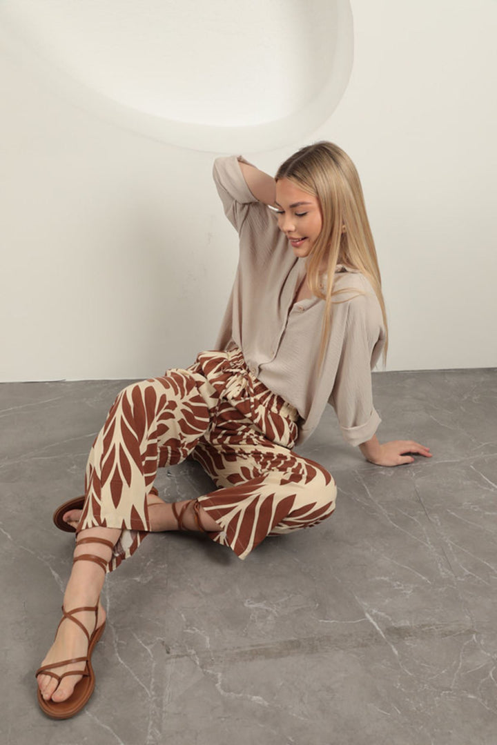 KKT Viscose Fabric Leaf Pattern Trousers-Coffee - Cleveland