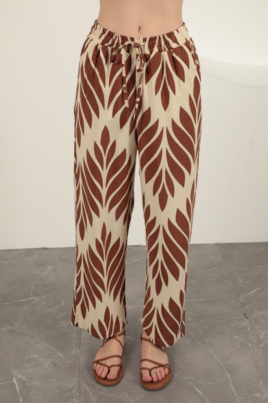 KKT Viscose Fabric Leaf Pattern Trousers-Coffee - Cleveland
