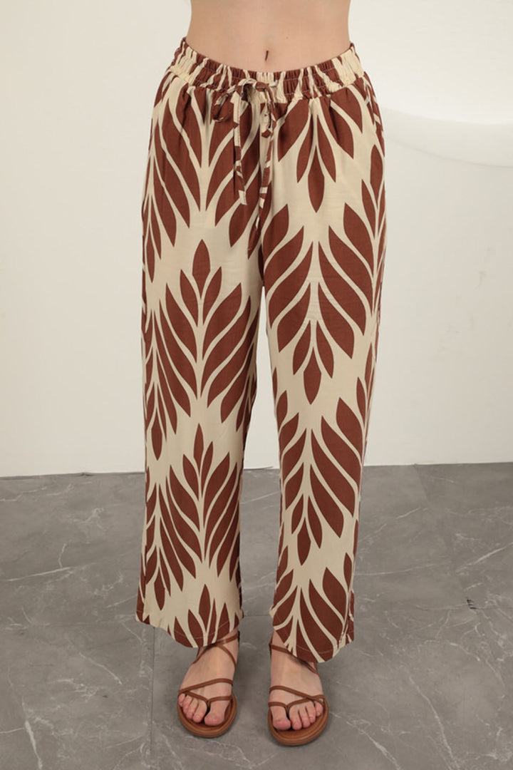 KKT Viscose Fabric Leaf Pattern Trousers-Coffee - Cleveland